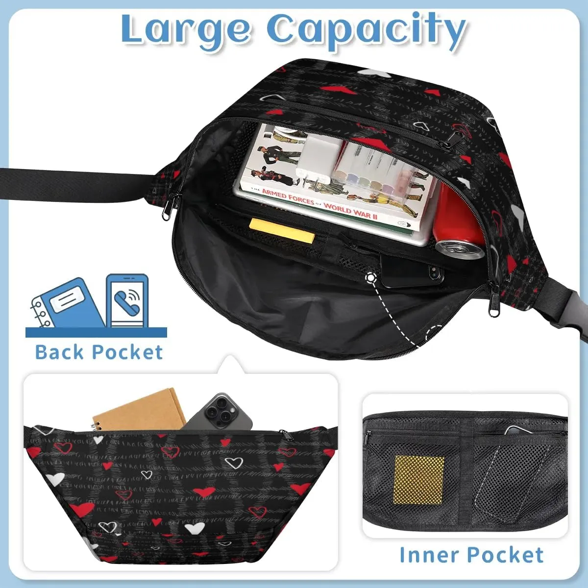 Abstraction Love Hearts Crossbody Sling Bag for Women Men Crossbody Backpack with 4 Zipper Pockets Fanny Pack Shoulder Casual Daypack for Travel Running Hiking Cycling