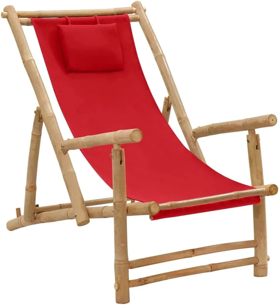 Adjustable Backrest Bamboo Frame Red Canvas Deck Chair for Patio, Beach, Pool - Foldable Outdoor Lounge Chair with Durable Polyester Fabric and 3-Position Reclining