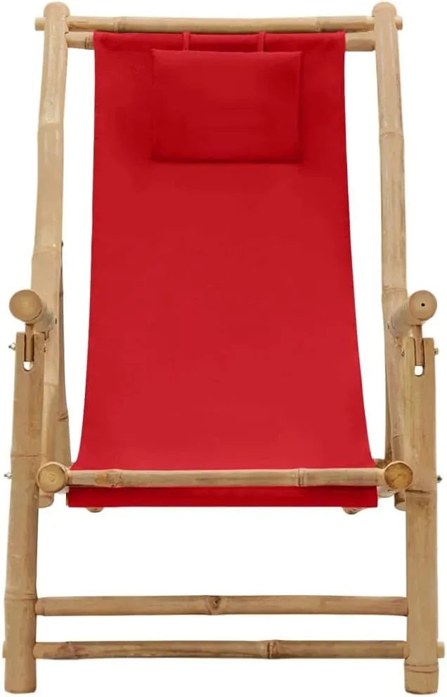 Adjustable Backrest Bamboo Frame Red Canvas Deck Chair for Patio, Beach, Pool - Foldable Outdoor Lounge Chair with Durable Polyester Fabric and 3-Position Reclining