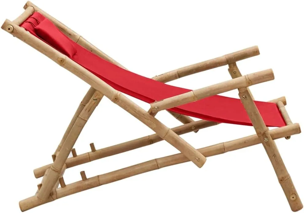 Adjustable Backrest Bamboo Frame Red Canvas Deck Chair for Patio, Beach, Pool - Foldable Outdoor Lounge Chair with Durable Polyester Fabric and 3-Position Reclining