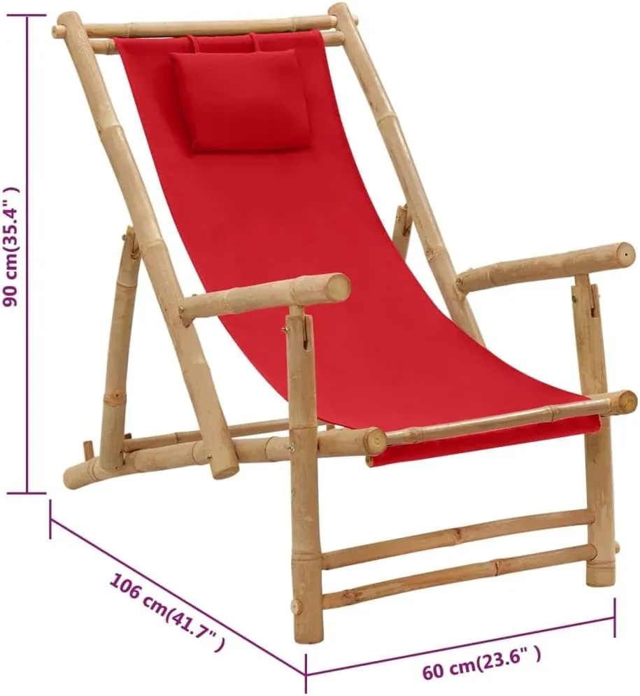 Adjustable Backrest Bamboo Frame Red Canvas Deck Chair for Patio, Beach, Pool - Foldable Outdoor Lounge Chair with Durable Polyester Fabric and 3-Position Reclining