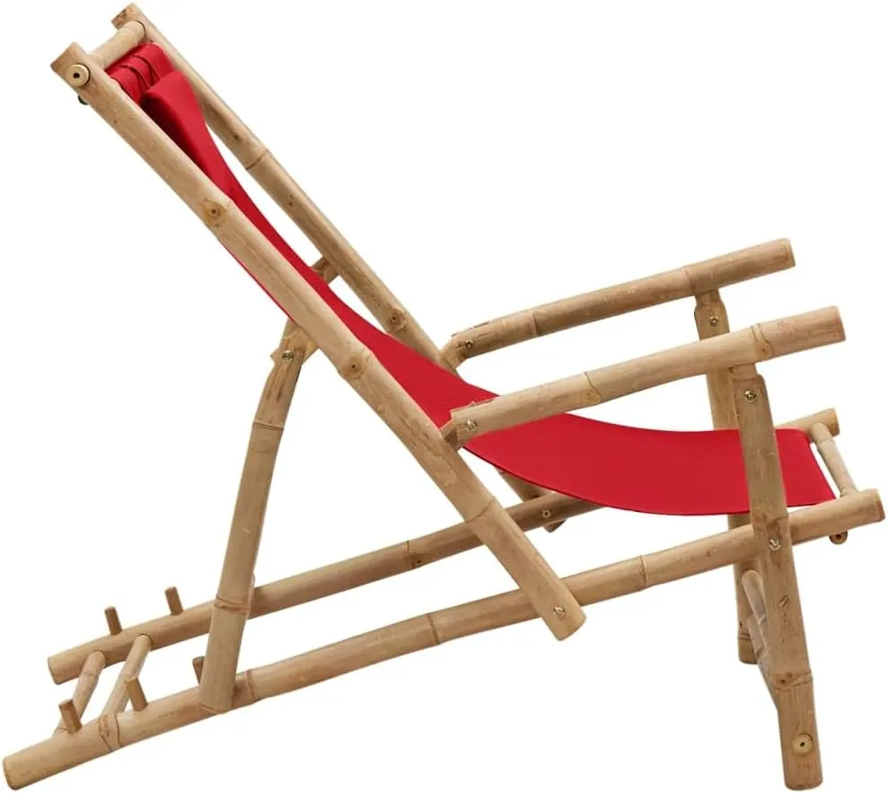 Adjustable Backrest Bamboo Frame Red Canvas Deck Chair for Patio, Beach, Pool - Foldable Outdoor Lounge Chair with Durable Polyester Fabric and 3-Position Reclining