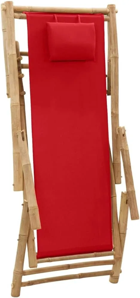 Adjustable Backrest Bamboo Frame Red Canvas Deck Chair for Patio, Beach, Pool - Foldable Outdoor Lounge Chair with Durable Polyester Fabric and 3-Position Reclining