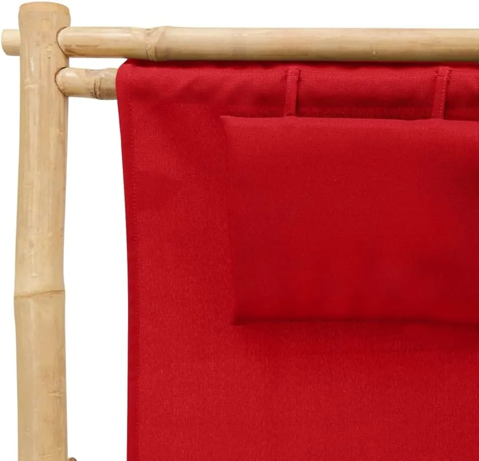 Adjustable Backrest Bamboo Frame Red Canvas Deck Chair for Patio, Beach, Pool - Foldable Outdoor Lounge Chair with Durable Polyester Fabric and 3-Position Reclining