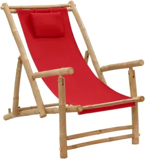 Adjustable Backrest Bamboo Frame Red Canvas Deck Chair for Patio, Beach, Pool - Foldable Outdoor Lounge Chair with Durable Polyester Fabric and 3-Position Reclining