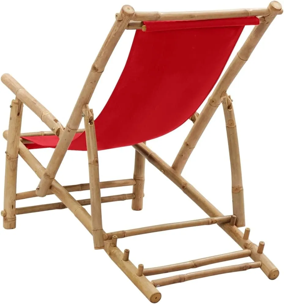 Adjustable Backrest Bamboo Frame Red Canvas Deck Chair for Patio, Beach, Pool - Foldable Outdoor Lounge Chair with Durable Polyester Fabric and 3-Position Reclining