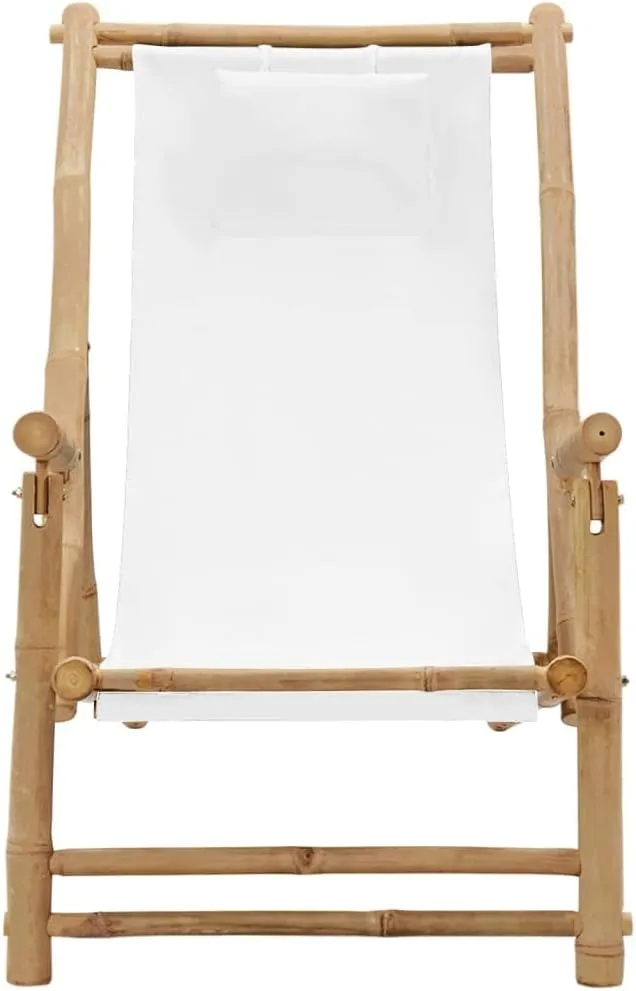 Adjustable Bamboo Deck Chair with Canvas Cream White Foldable Lounge Chair for Outdoor Patio Beach Camping Furniture