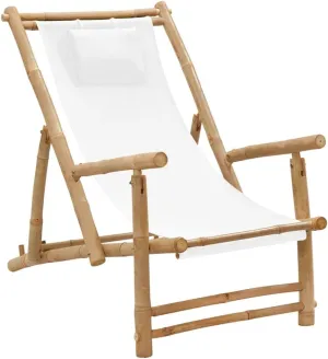 Adjustable Bamboo Deck Chair with Canvas Cream White Foldable Lounge Chair for Outdoor Patio Beach Camping Furniture