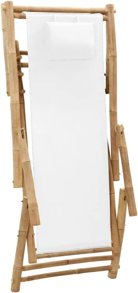 Adjustable Bamboo Deck Chair with Canvas Cream White Foldable Lounge Chair for Outdoor Patio Beach Camping Furniture