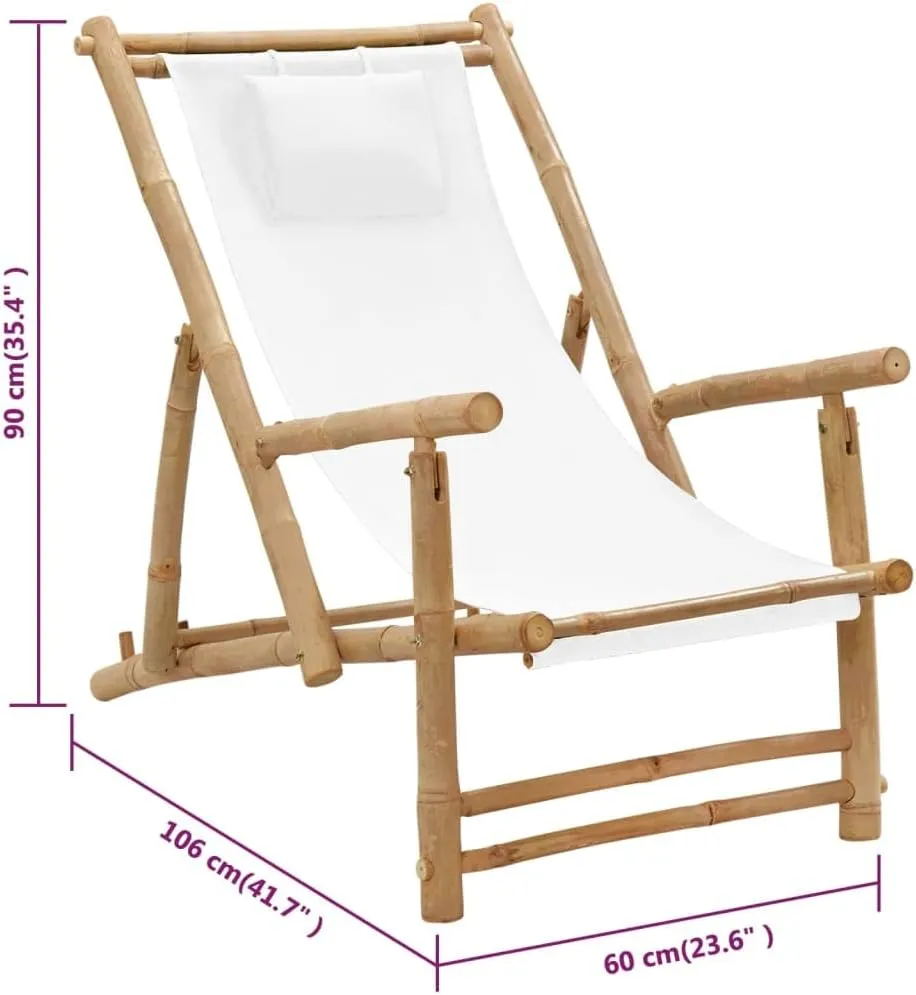 Adjustable Bamboo Deck Chair with Canvas Cream White Foldable Lounge Chair for Outdoor Patio Beach Camping Furniture