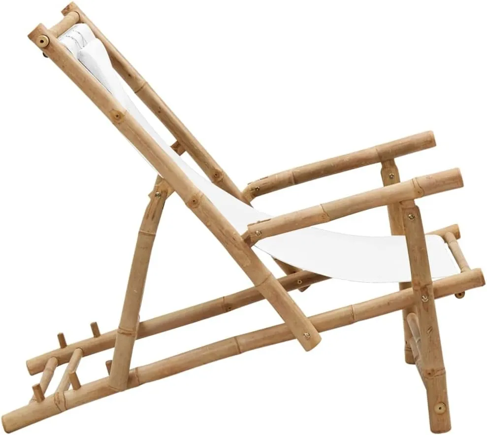 Adjustable Bamboo Deck Chair with Canvas Cream White Foldable Lounge Chair for Outdoor Patio Beach Camping Furniture