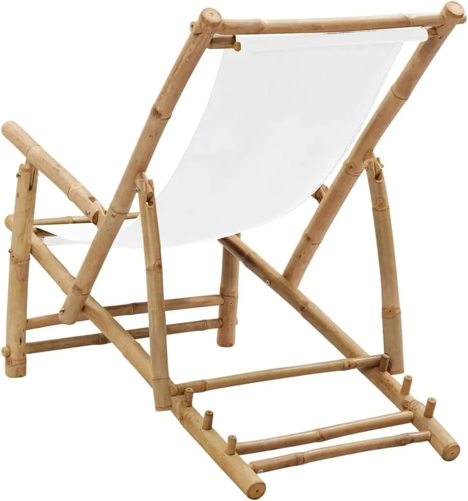 Adjustable Bamboo Deck Chair with Canvas Cream White Foldable Lounge Chair for Outdoor Patio Beach Camping Furniture
