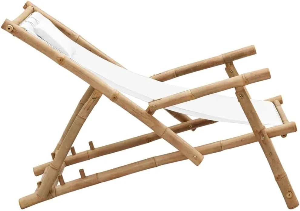Adjustable Bamboo Deck Chair with Canvas Cream White Foldable Lounge Chair for Outdoor Patio Beach Camping Furniture