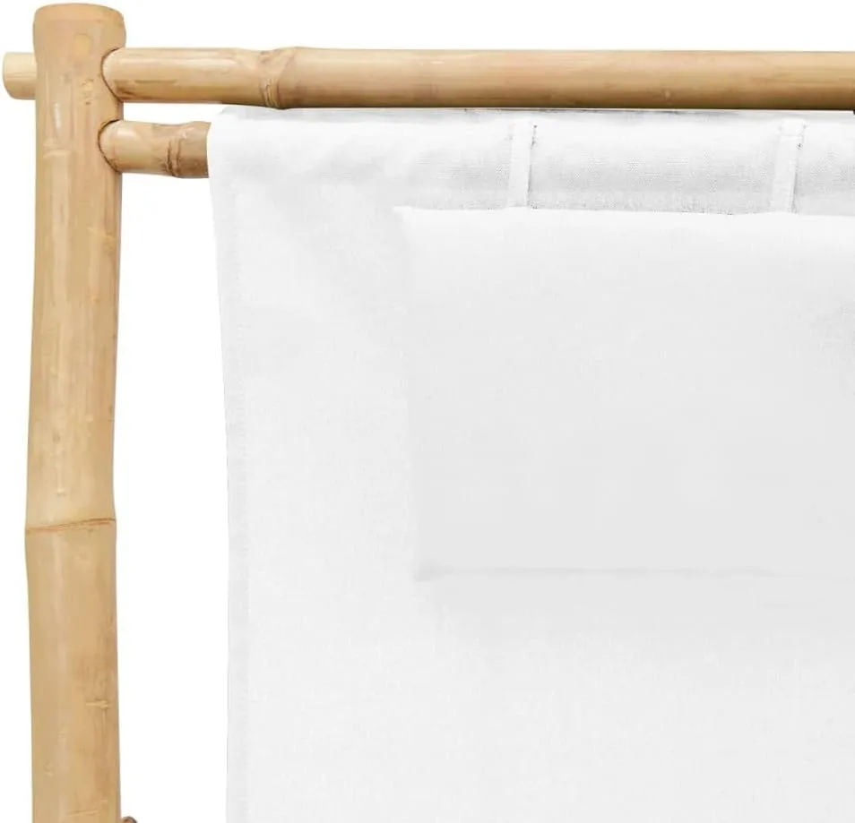 Adjustable Bamboo Deck Chair with Canvas Cream White Foldable Lounge Chair for Outdoor Patio Beach Camping Furniture
