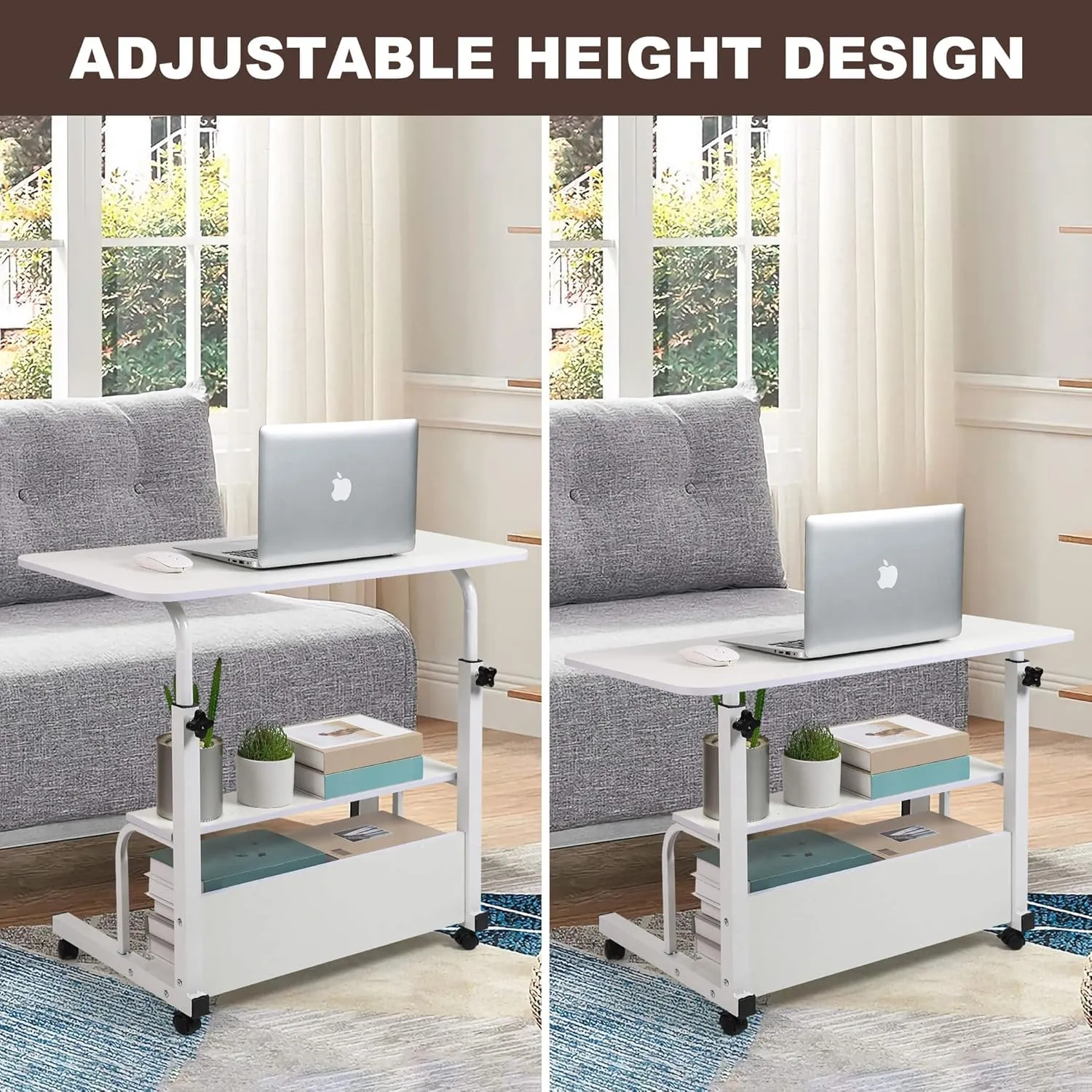 Adjustable Height Mobile Computer Desk for Small Space Rolling Writing with Wheels Corner Home Office Study Portable Bedrooms Work Desk Standing Table Sizes 31.5X15.7 Inches White