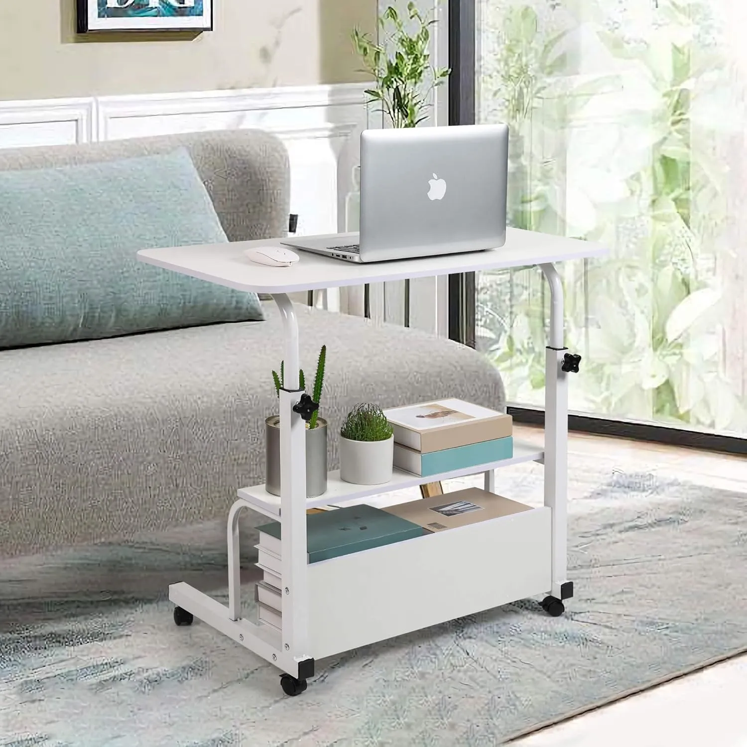 Adjustable Height Mobile Computer Desk for Small Space Rolling Writing with Wheels Corner Home Office Study Portable Bedrooms Work Desk Standing Table Sizes 31.5X15.7 Inches White