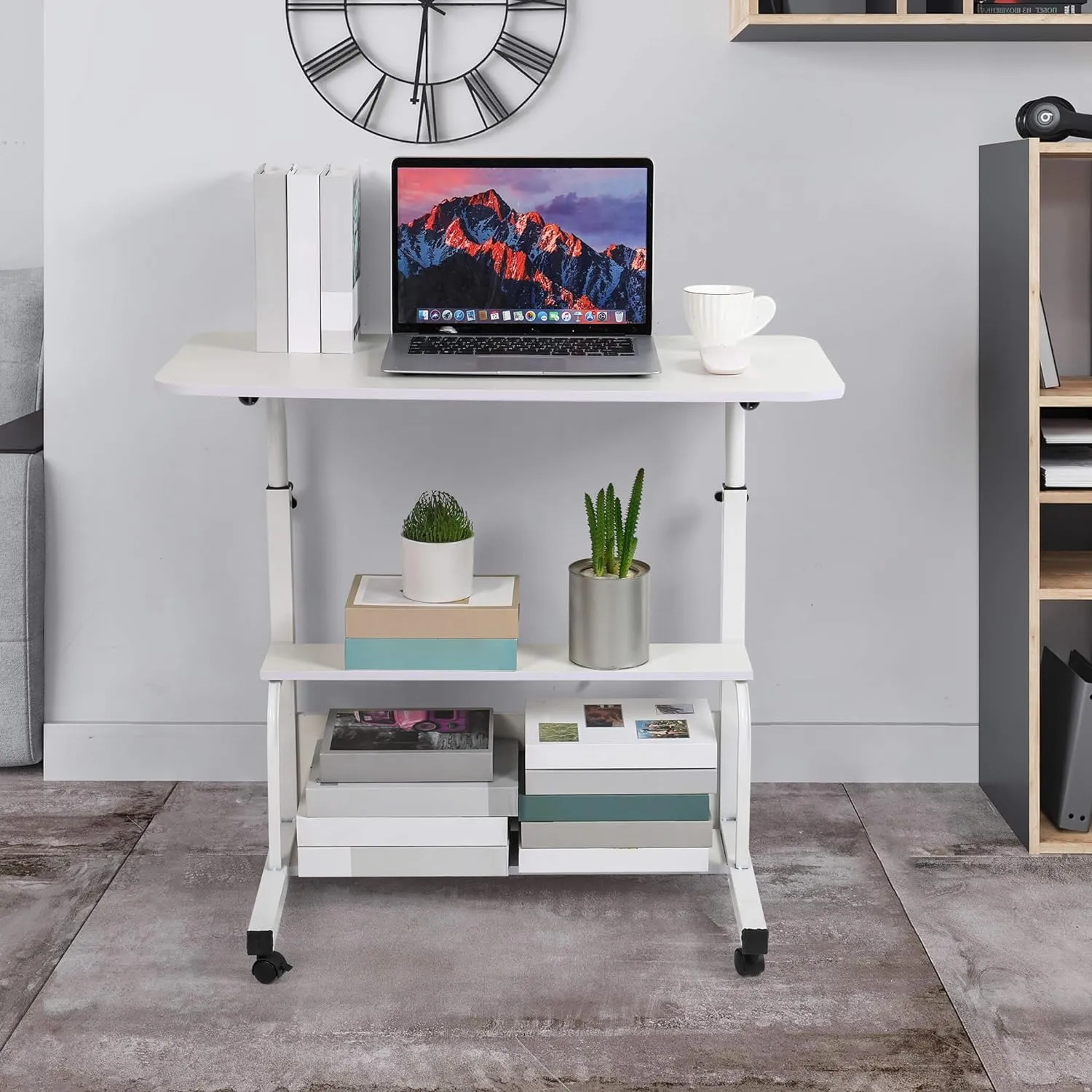 Adjustable Height Mobile Computer Desk for Small Space Rolling Writing with Wheels Corner Home Office Study Portable Bedrooms Work Desk Standing Table Sizes 31.5X15.7 Inches White