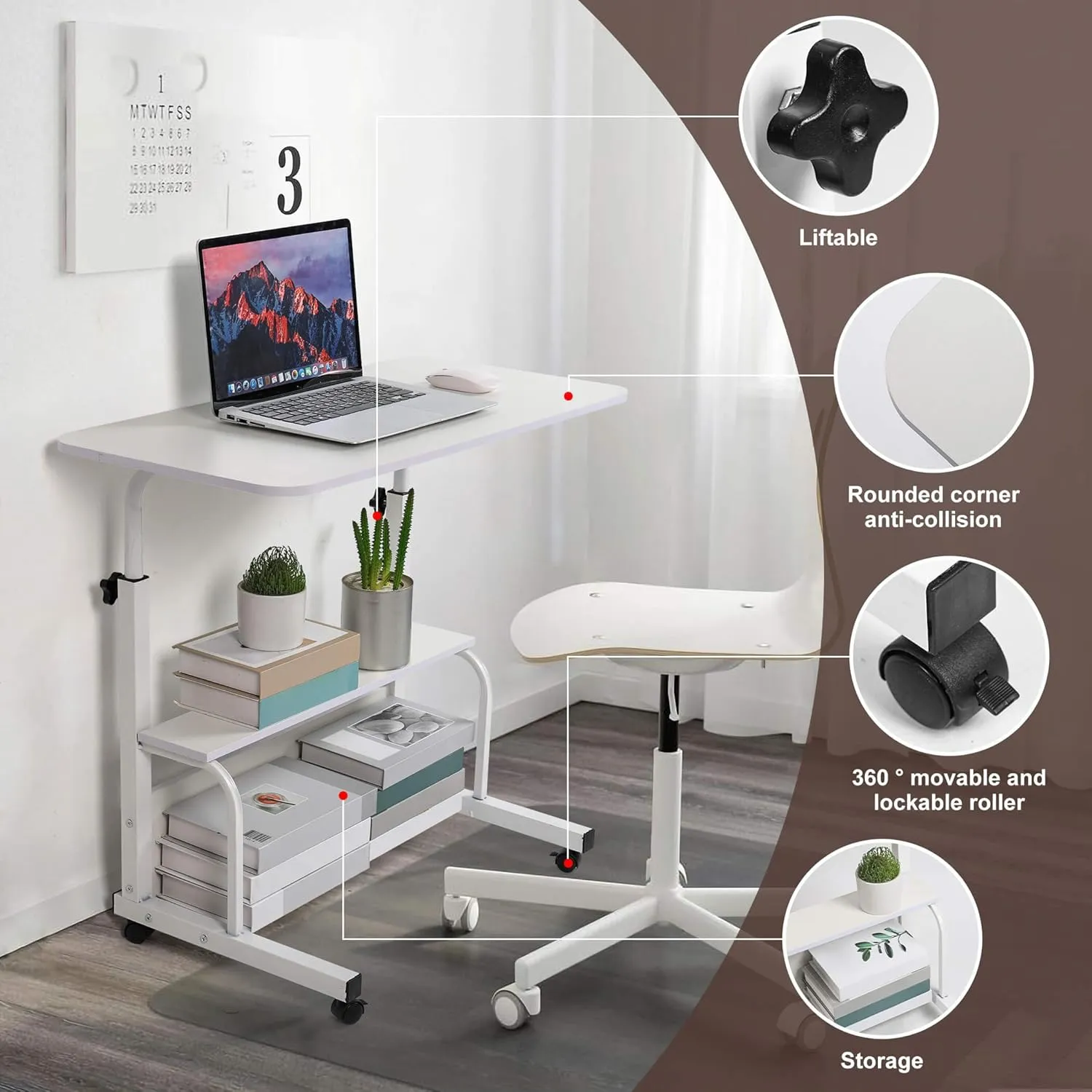 Adjustable Height Mobile Computer Desk for Small Space Rolling Writing with Wheels Corner Home Office Study Portable Bedrooms Work Desk Standing Table Sizes 31.5X15.7 Inches White