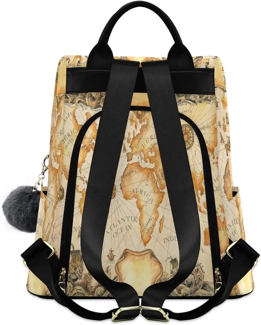 ALAZA Ancient Map Of The World Vignettes Compasses Dragons Sailboats Backpack Purse with Adjustable Straps for Woman Ladies