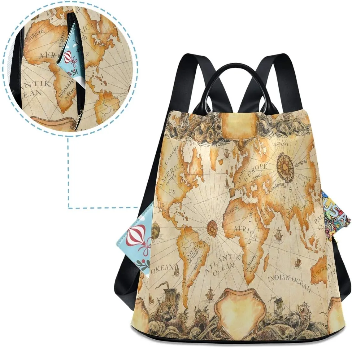 ALAZA Ancient Map Of The World Vignettes Compasses Dragons Sailboats Backpack Purse with Adjustable Straps for Woman Ladies