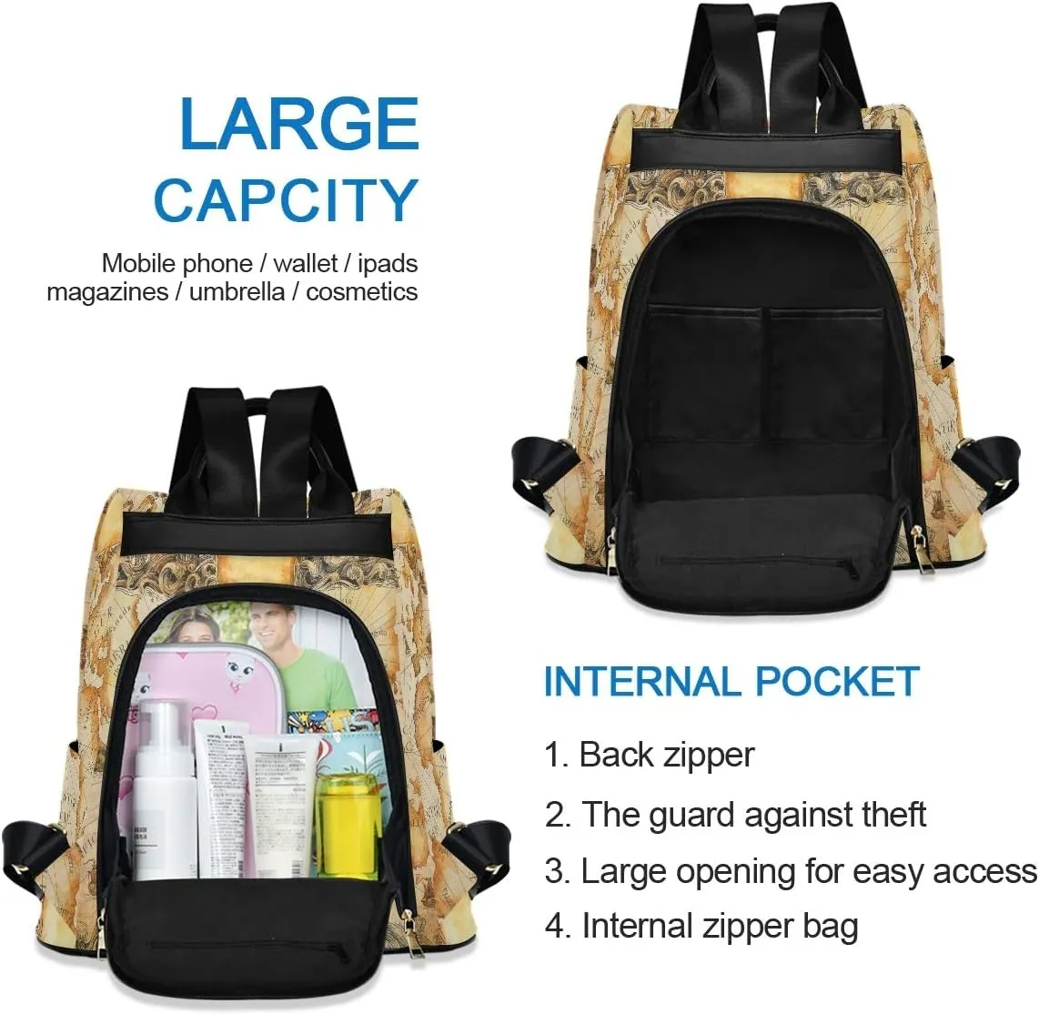 ALAZA Ancient Map Of The World Vignettes Compasses Dragons Sailboats Backpack Purse with Adjustable Straps for Woman Ladies