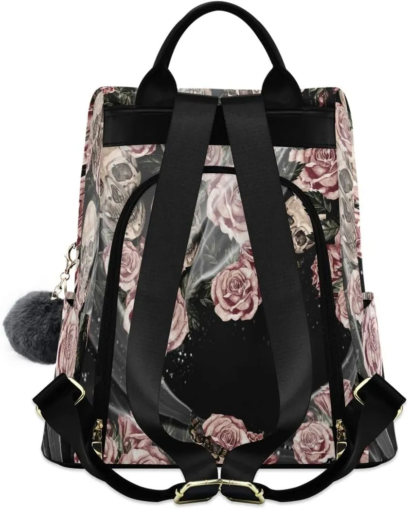 ALAZA Watercolor Skulls and Roses Backpack Purse with Adjustable Straps for Woman Ladies