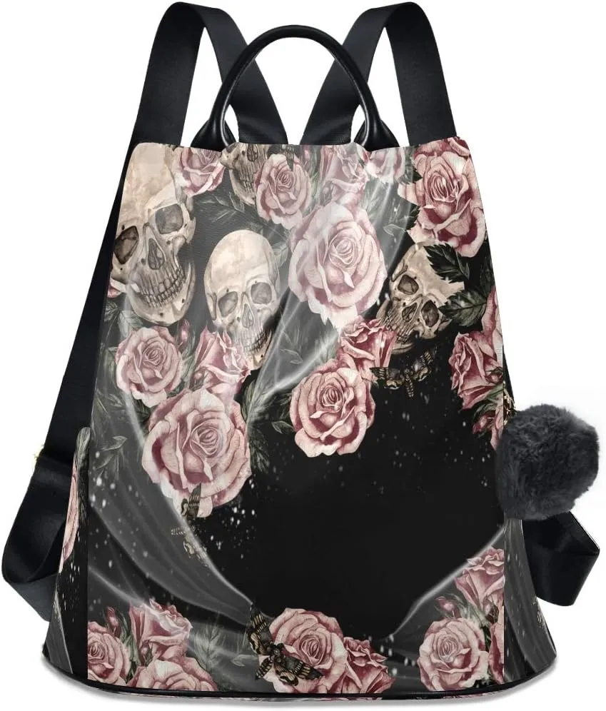 ALAZA Watercolor Skulls and Roses Backpack Purse with Adjustable Straps for Woman Ladies