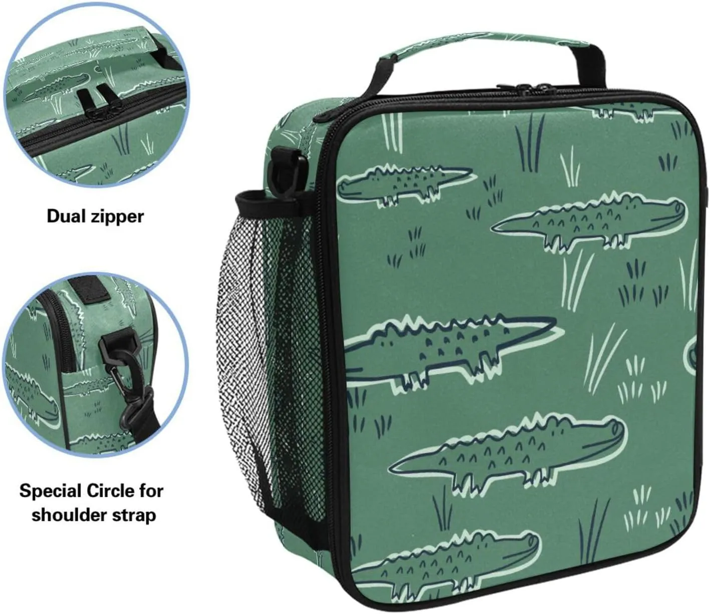 Alligator Crocodile Green Lunch Bags for Boys Girls Insulated Small Cooler Lunch Box Toddler Lunchbox School Office Women Tote Lunchbags