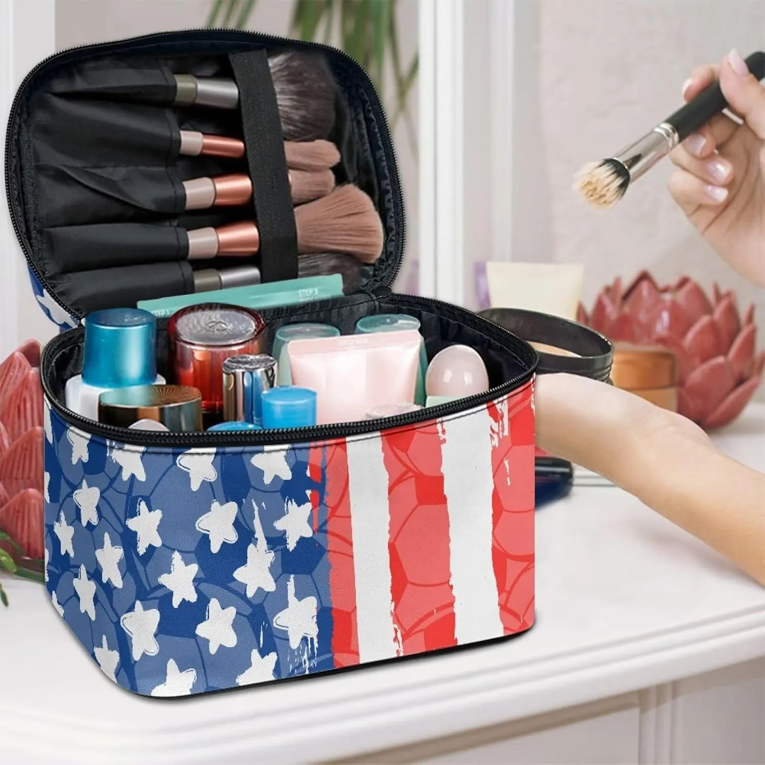 American Flag Large Makeup Bag for Purse Luxury Women Cosmetic Bags Cosmetic Organizer Makeup Traveling Case Travel Makeup Brush Case Zipper Valentine's Day Independence Day Gift for Women