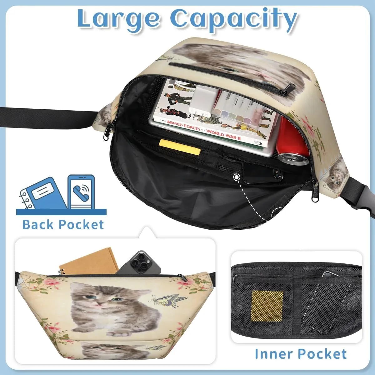 Animal Cat Paint Crossbody Sling Bag for Women Men Crossbody Backpack with 4 Zipper Pockets Fanny Pack Shoulder Casual Daypack for Travel Running Hiking Cycling