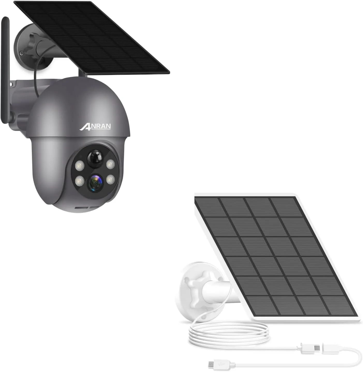 ANRAN Q01 2K Solar Security Cameras Wireless Outdoor & 3W Solar Panel with 3M Micro USB & Type-C Port Cable