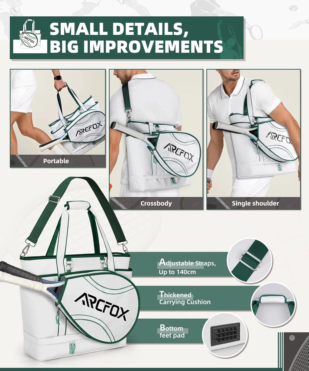 ARCFOX Tennis Racket Bag 2-in-1 Large Capacity Tennis Racket Backpack for Women and Men, Water-Resistant Lightweight Tennis Crossbody Bag for Pickleball Paddles, Badminton Squash Racquet