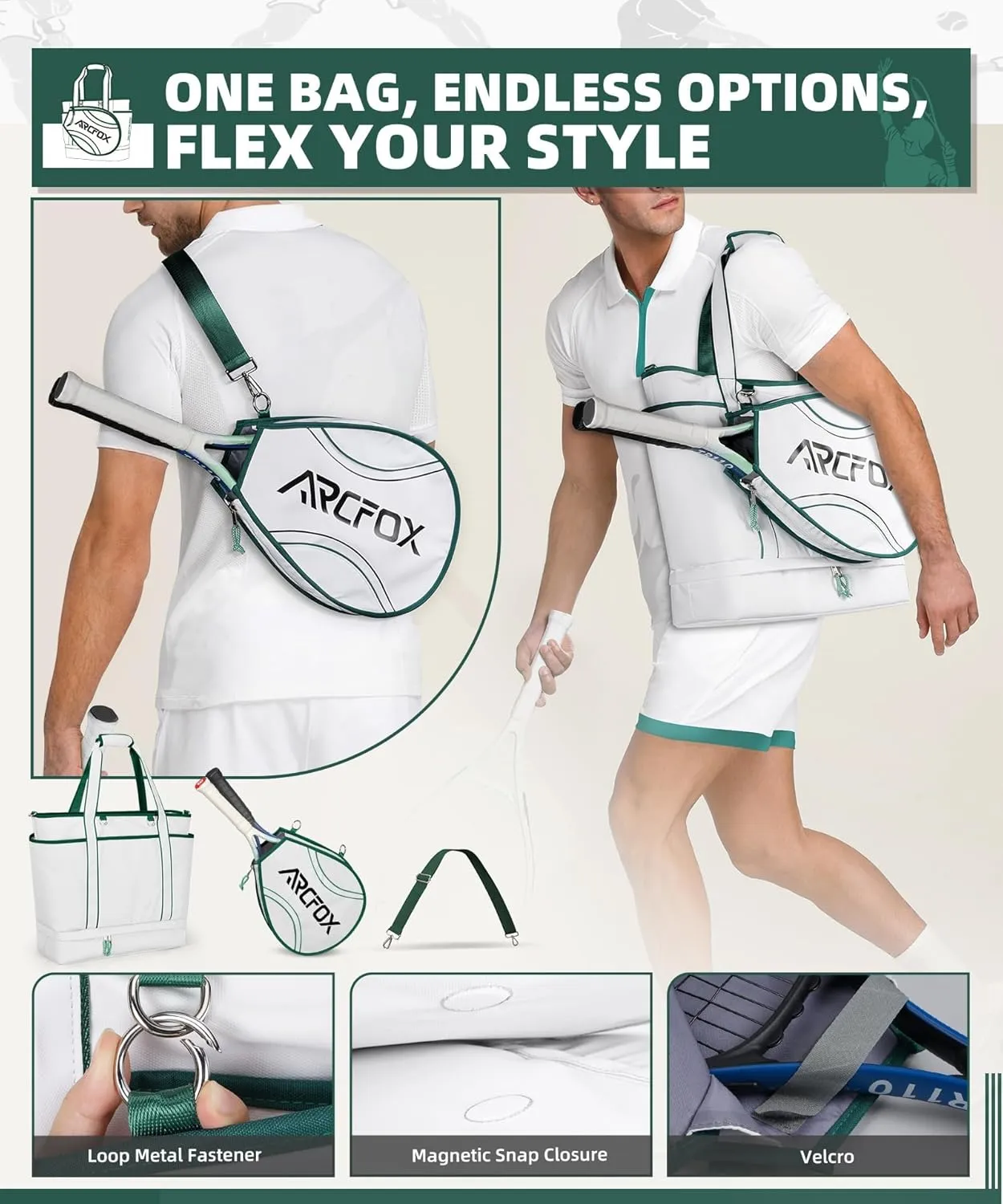 ARCFOX Tennis Racket Bag 2-in-1 Large Capacity Tennis Racket Backpack for Women and Men, Water-Resistant Lightweight Tennis Crossbody Bag for Pickleball Paddles, Badminton Squash Racquet