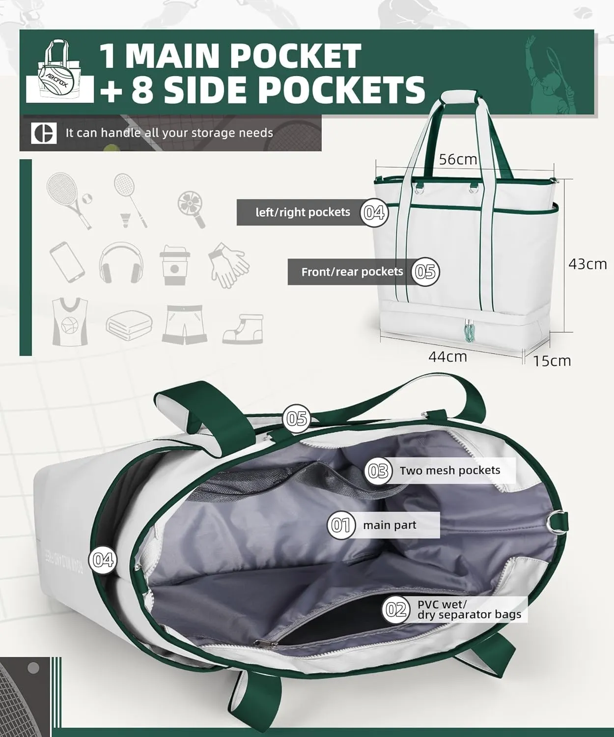 ARCFOX Tennis Racket Bag 2-in-1 Large Capacity Tennis Racket Backpack for Women and Men, Water-Resistant Lightweight Tennis Crossbody Bag for Pickleball Paddles, Badminton Squash Racquet