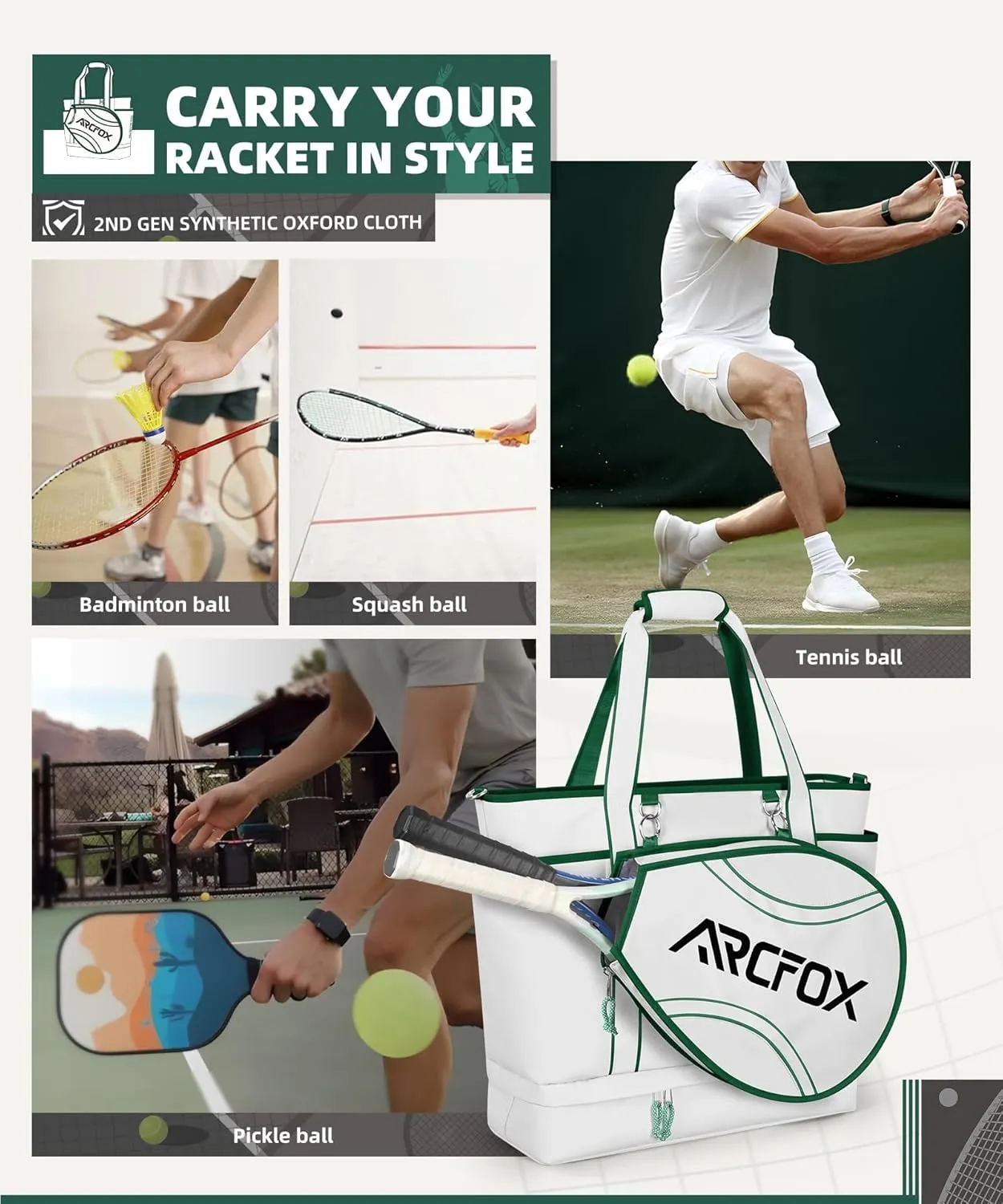 ARCFOX Tennis Racket Bag 2-in-1 Large Capacity Tennis Racket Backpack for Women and Men, Water-Resistant Lightweight Tennis Crossbody Bag for Pickleball Paddles, Badminton Squash Racquet