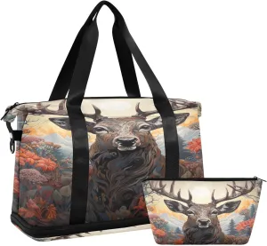Artistic Deer Portrait Duffel Bag Lightweight Carry On Gym Bags for Travel and Weekends, Versatile Overnight Bag with Shoe Compartment
