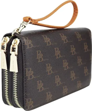 B BRENTANO Vegan Double-Zipper Wallet Clutch with Removable Wrist Strap (MB - Brown)