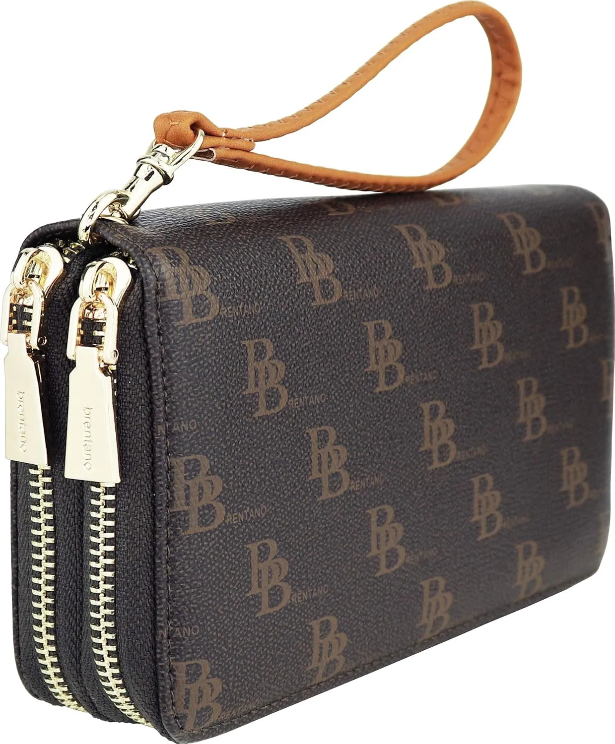B BRENTANO Vegan Double-Zipper Wallet Clutch with Removable Wrist Strap (MB - Brown)