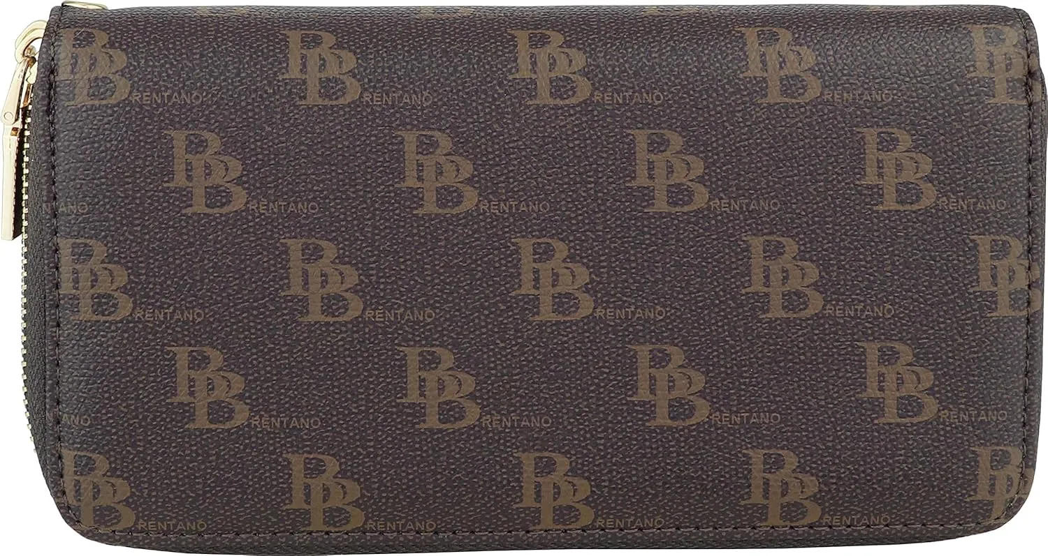 B BRENTANO Vegan Double-Zipper Wallet Clutch with Removable Wrist Strap (MB - Brown)