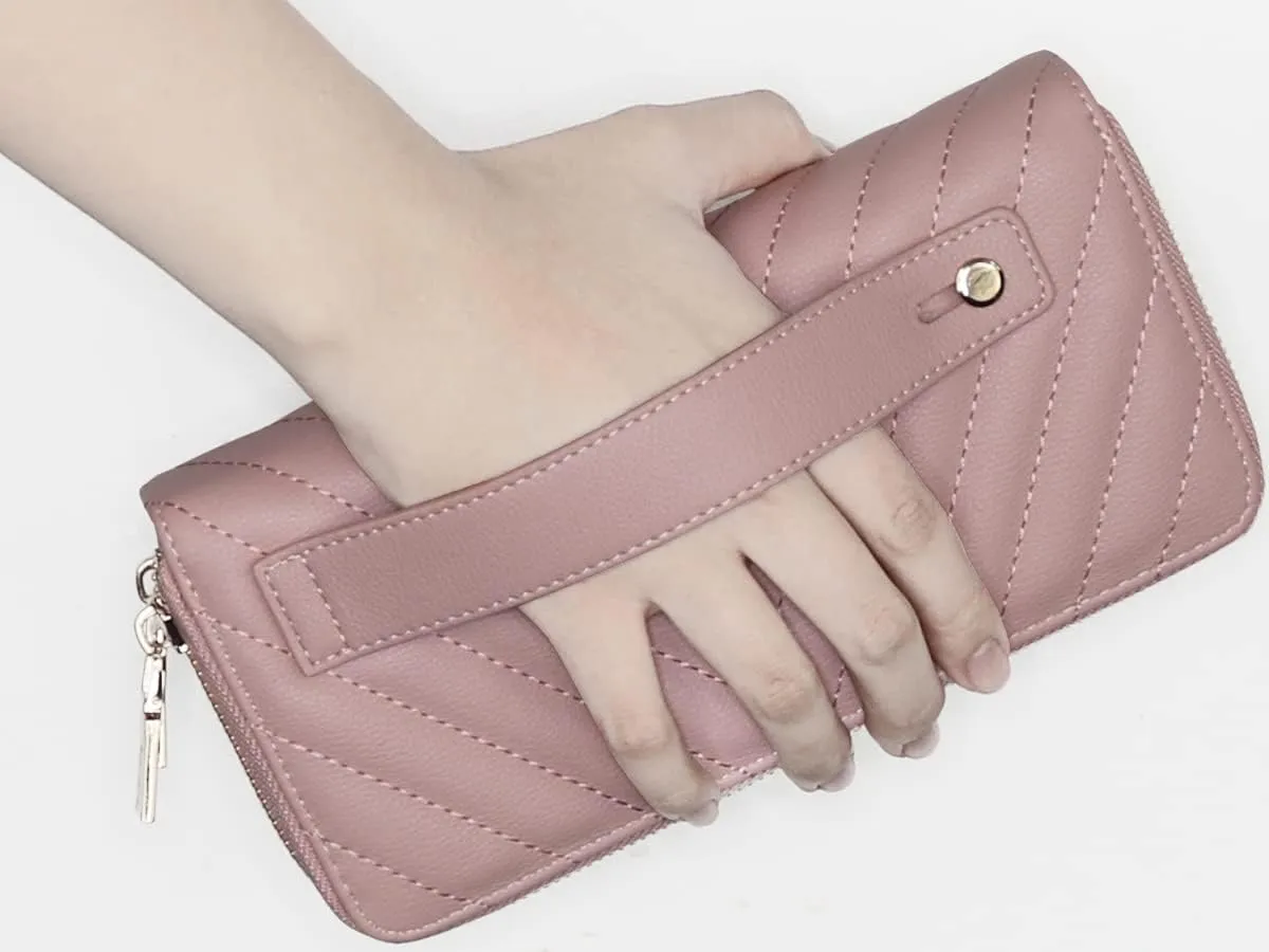 B BRENTANO Vegan Leather Double Zipper Pocket Wallet with Grip Hand Strap (Chevron Embroidered Blush)