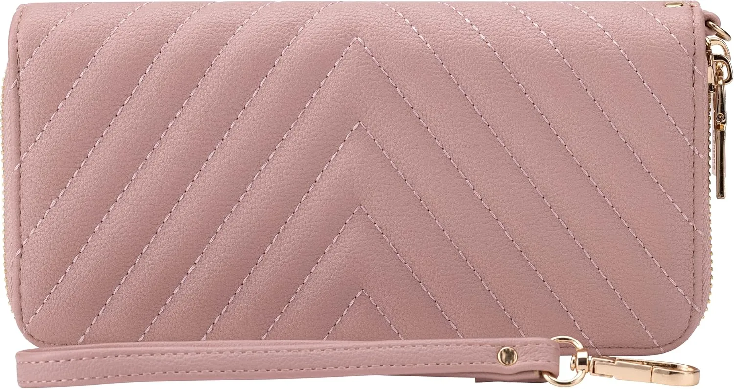 B BRENTANO Vegan Leather Double Zipper Pocket Wallet with Grip Hand Strap (Chevron Embroidered Blush)