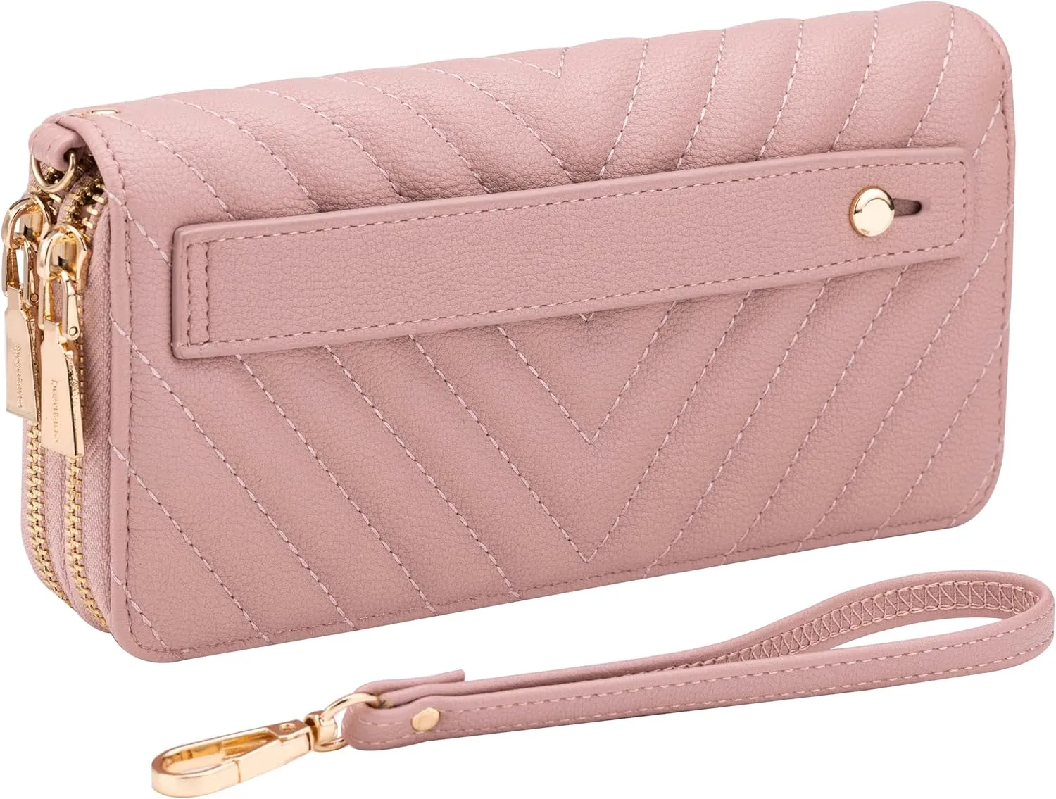 B BRENTANO Vegan Leather Double Zipper Pocket Wallet with Grip Hand Strap (Chevron Embroidered Blush)