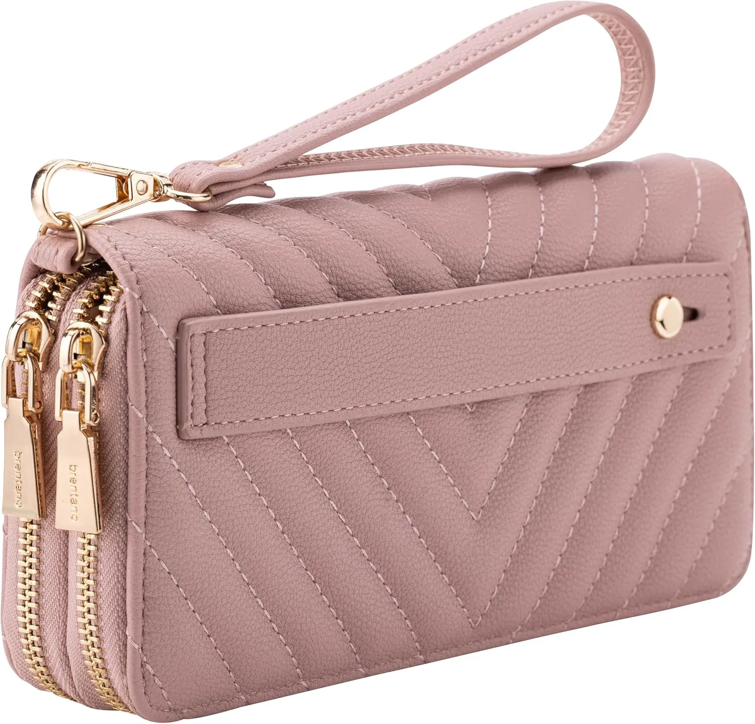 B BRENTANO Vegan Leather Double Zipper Pocket Wallet with Grip Hand Strap (Chevron Embroidered Blush)
