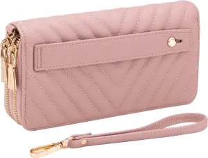 B BRENTANO Vegan Leather Double Zipper Pocket Wallet with Grip Hand Strap (Chevron Embroidered Blush)