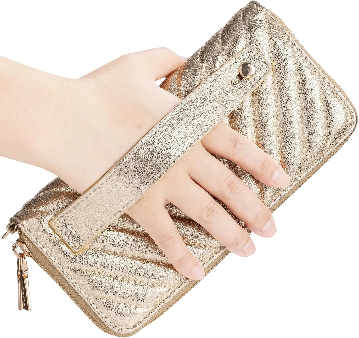 B BRENTANO Vegan Leather Double Zipper Pocket Wallet with Grip Hand Strap (GOLD GLITTER)