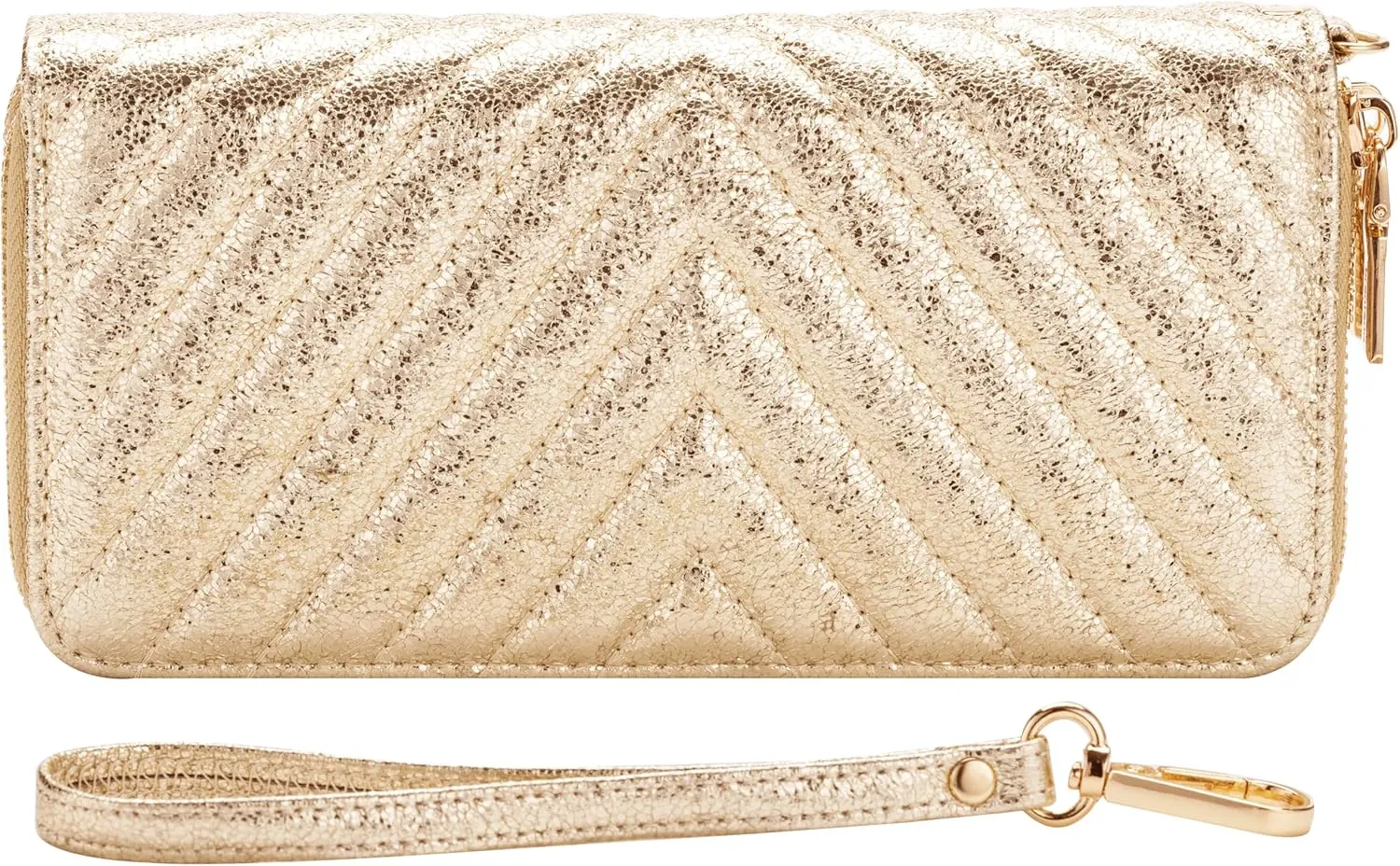 B BRENTANO Vegan Leather Double Zipper Pocket Wallet with Grip Hand Strap (GOLD GLITTER)