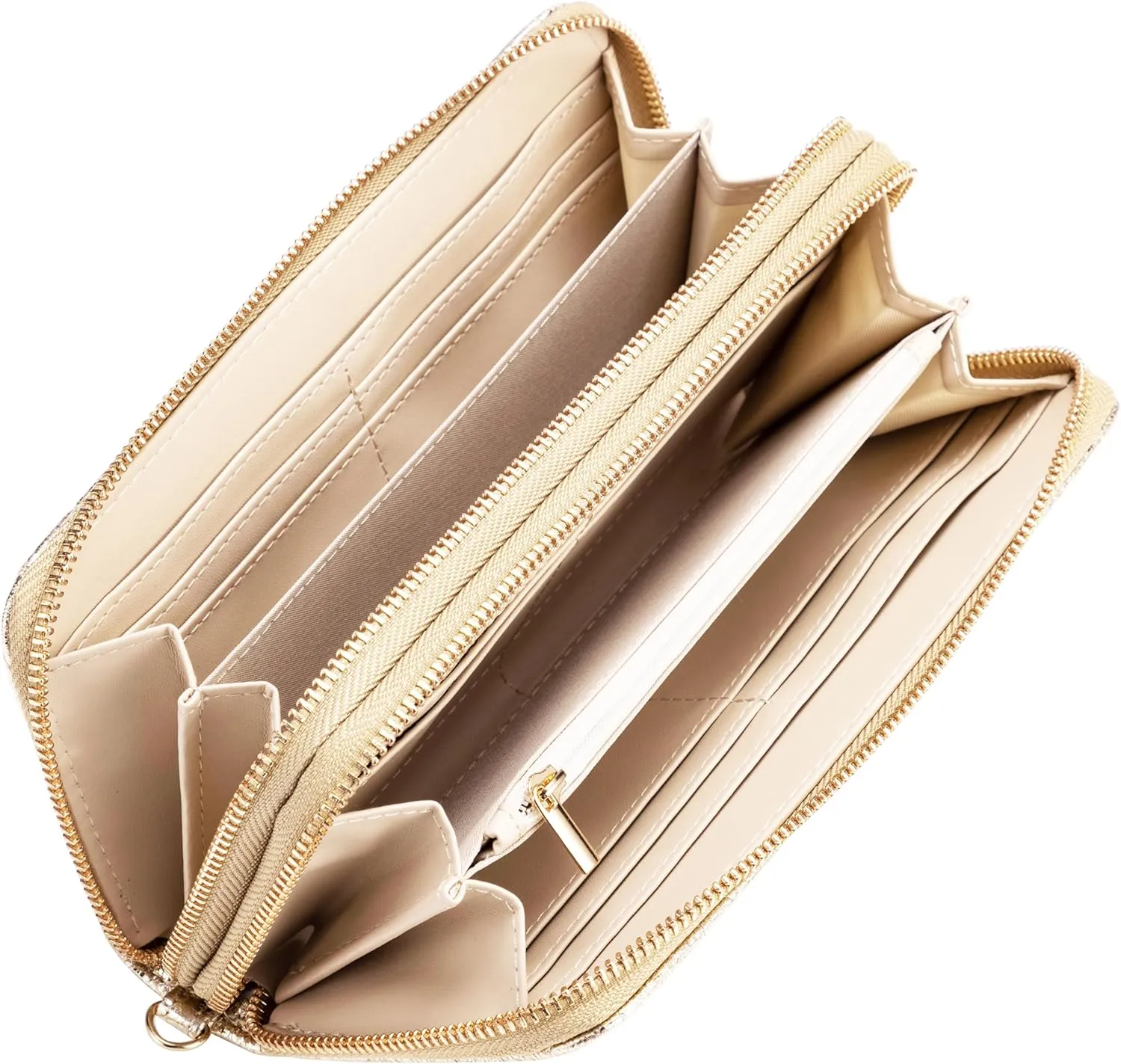 B BRENTANO Vegan Leather Double Zipper Pocket Wallet with Grip Hand Strap (GOLD GLITTER)