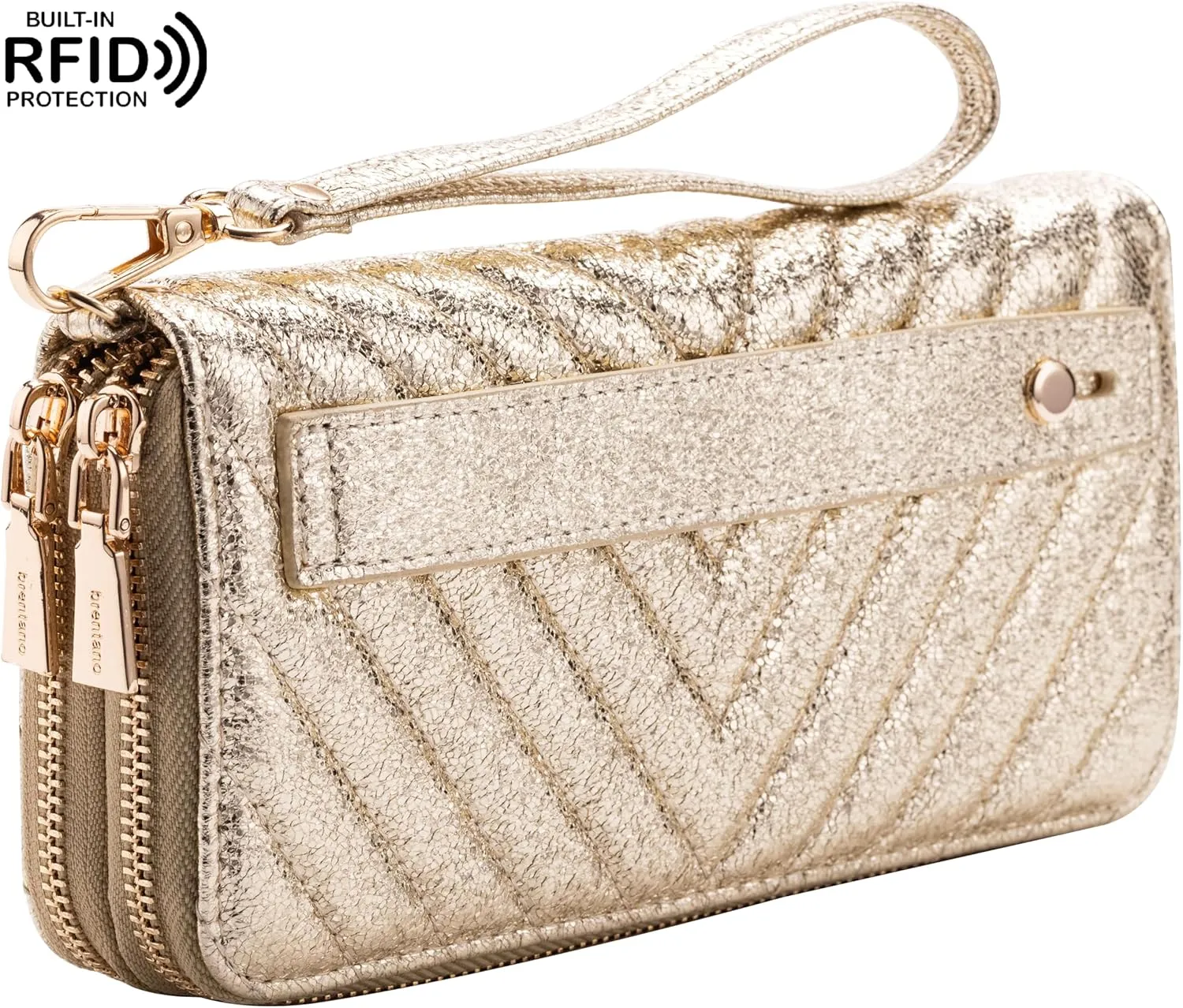 B BRENTANO Vegan Leather Double Zipper Pocket Wallet with Grip Hand Strap (GOLD GLITTER)