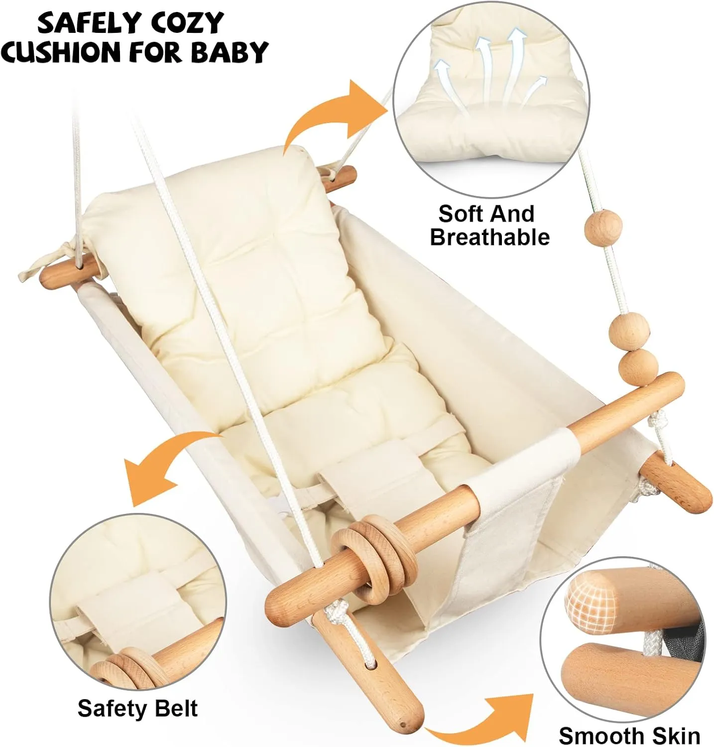 Baby Swing Outdoor Indoor for Infants to Toddlers, Portable Adjustable Tree Design with 5-Point Safety Belt, Porch Garden Backyard Swing Cream