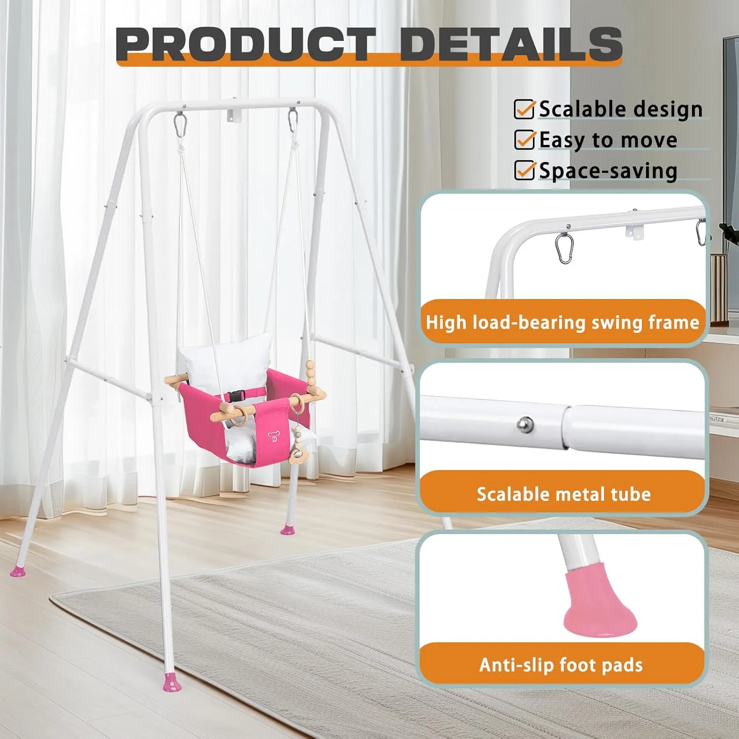 Baby Swing with Stand, Swing Set for Infant, Outdoor Indoor Swing Set with Canvas Cushion Seat (Pink)